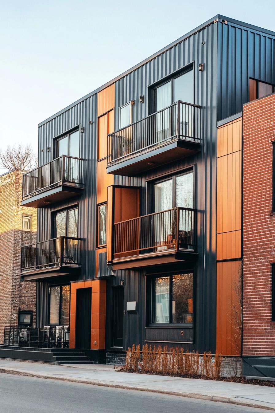 modern container apartment building with three apartments brick siding on a town street 2