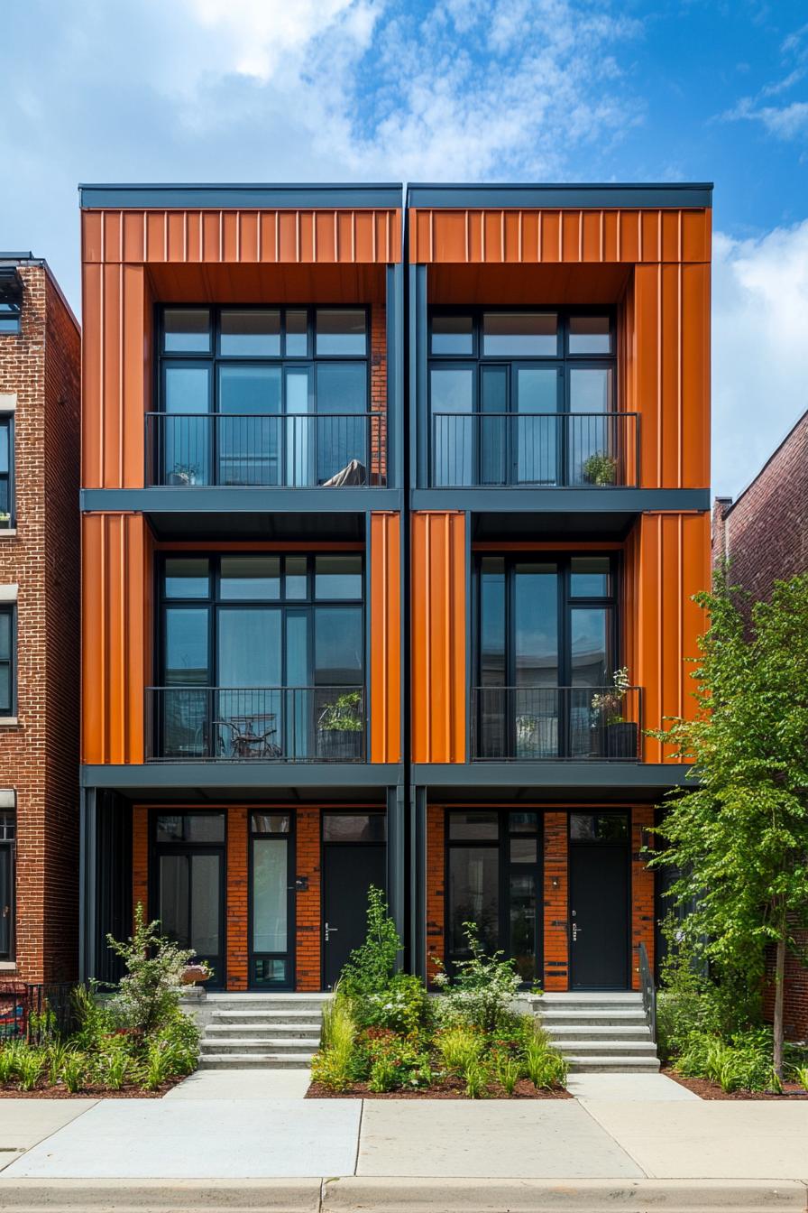 modern container apartment building with three apartments brick siding on a town street