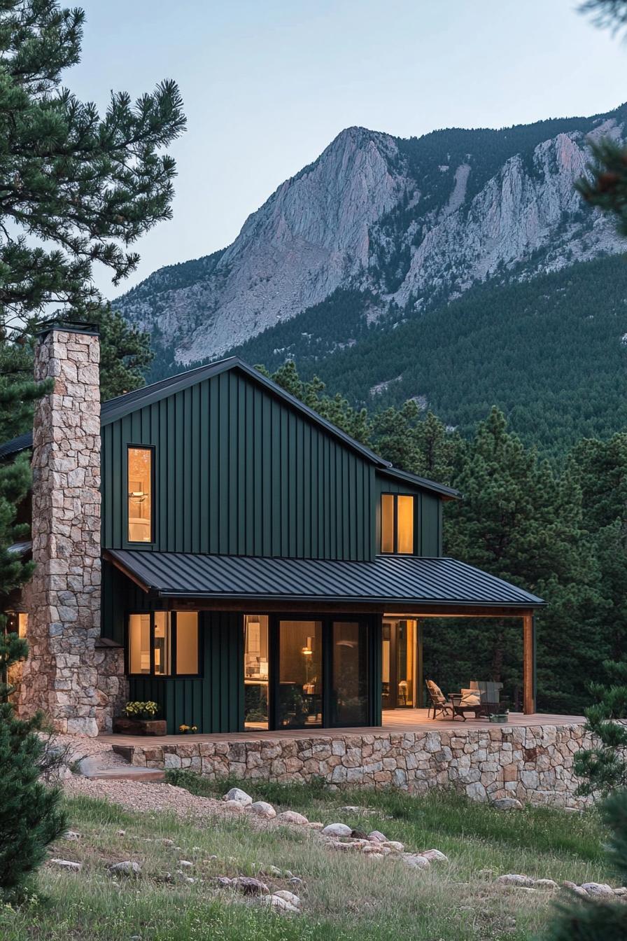 modern cottage style mountain house facade with forest green slatted siding stone chimney and accent wall pine trees in the yard mountain range in the background 1