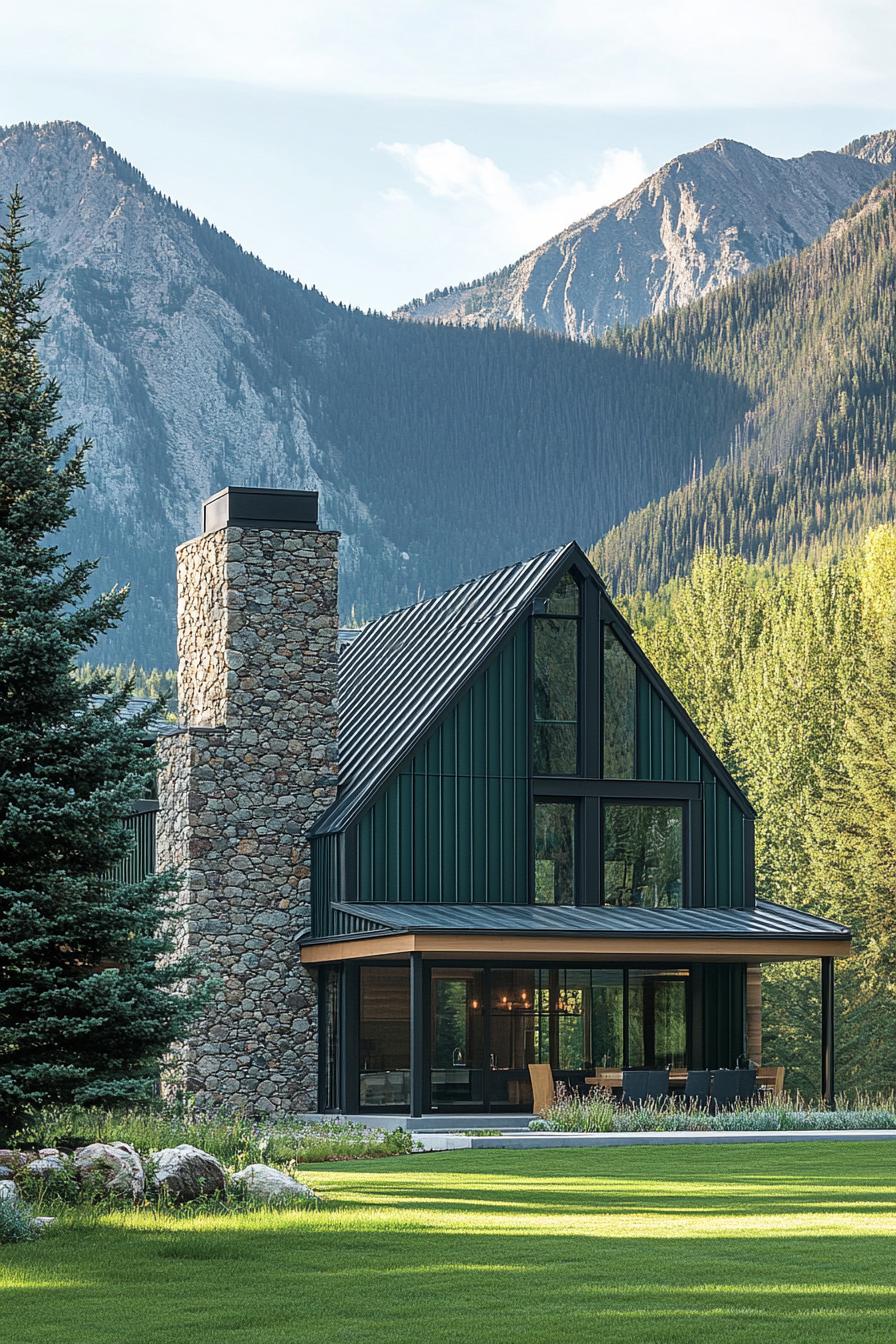 modern cottage style mountain house facade with forest green slatted siding stone chimney and accent wall pine trees in the yard mountain range in the background 2