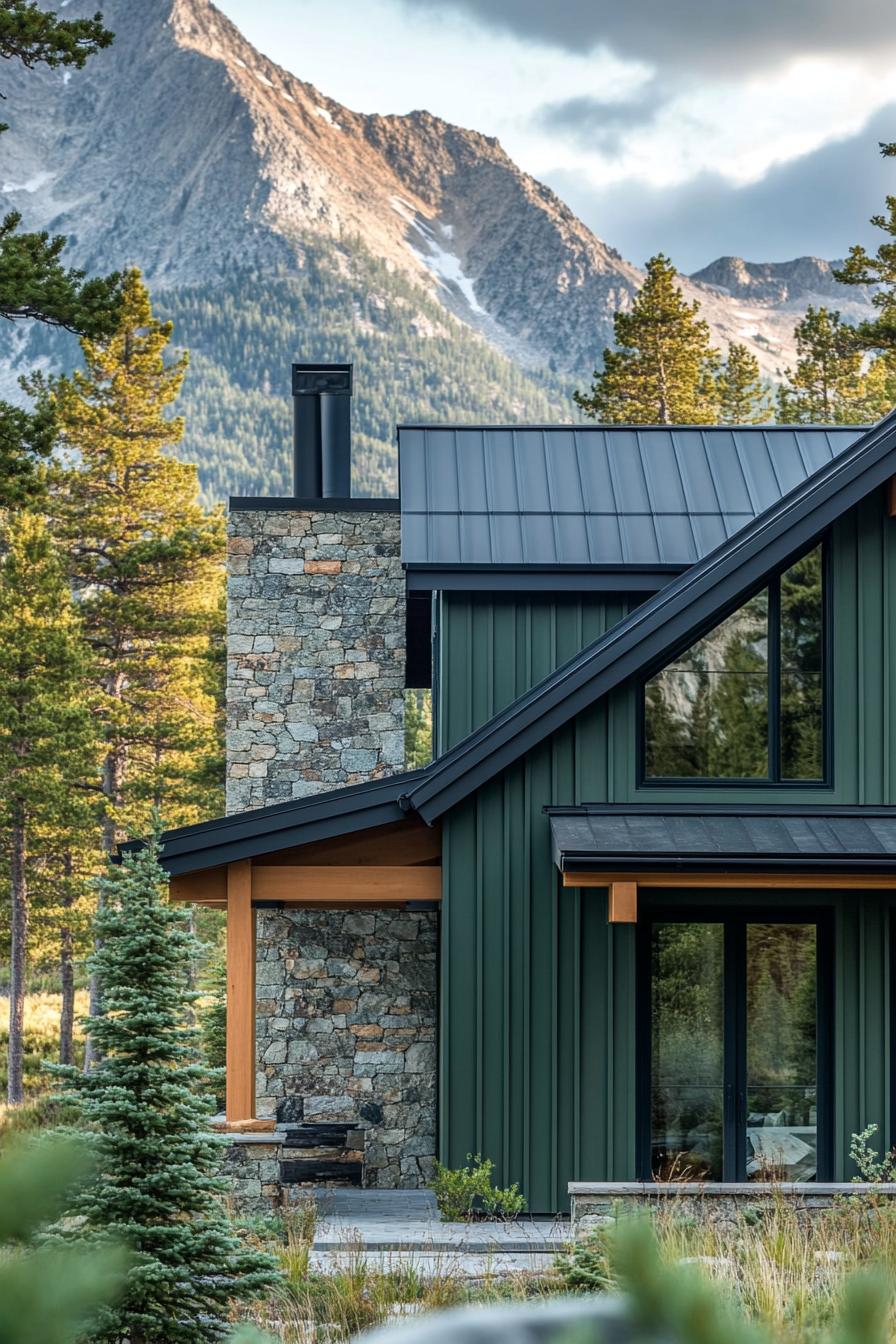 modern cottage style mountain house facade with forest green slatted siding stone chimney and accent wall pine trees in the yard mountain range in the background 3