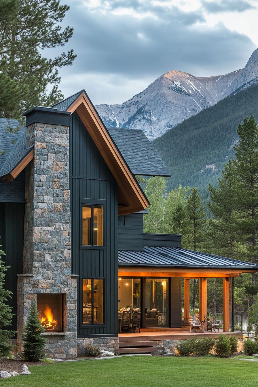 modern cottage style mountain house facade with forest green slatted siding stone chimney and accent wall pine trees in the yard mountain range in the background