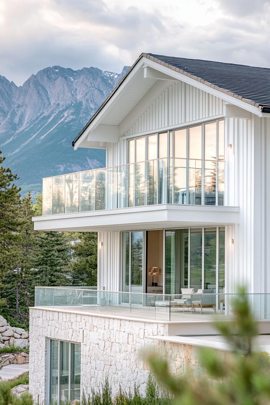 modern cottage style mountain house facade with whitewashed vertical slat siding white stone accent wall modern glass doors and windows glass 1