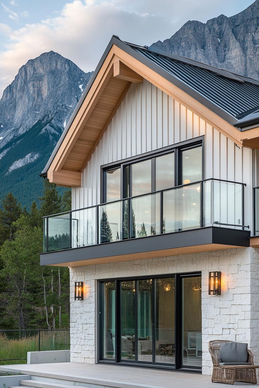 modern cottage style mountain house facade with whitewashed vertical slat siding white stone accent wall modern glass doors and windows glass 3