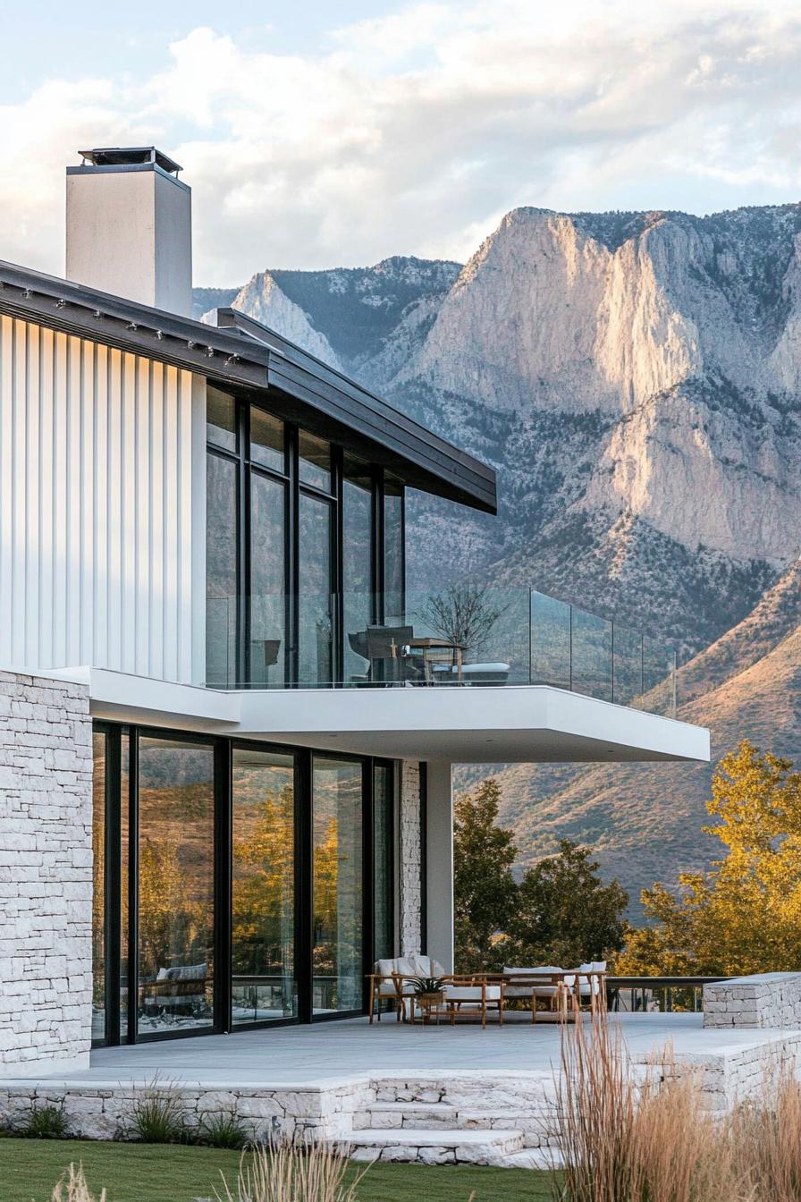 modern cottage style mountain house facade with whitewashed vertical slat siding white stone accent wall modern glass doors and windows glass