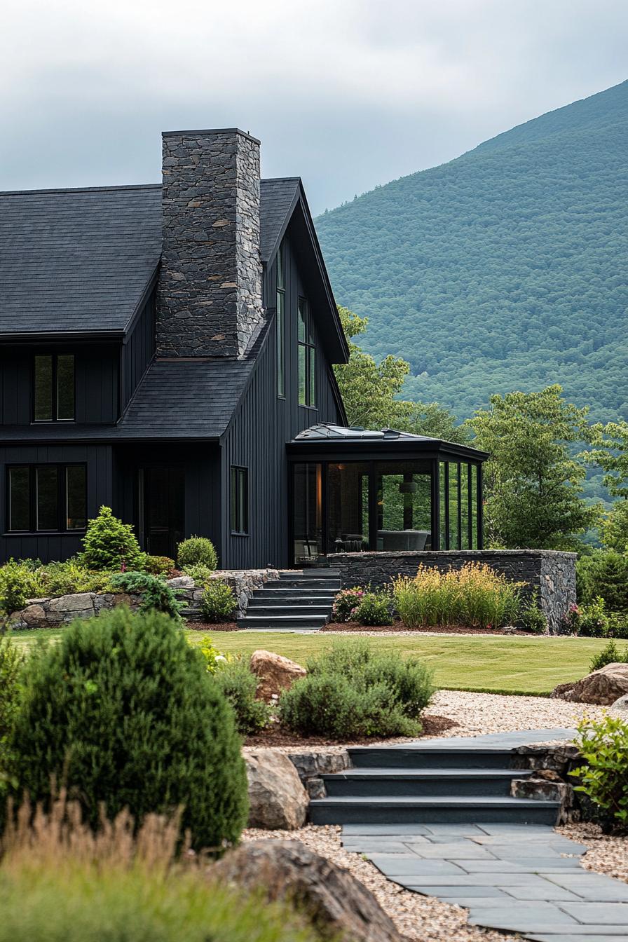 modern cottage style mountain house with dark stone foundation and chimney black siding large panoramic windows landscape with shrubs and stone 1