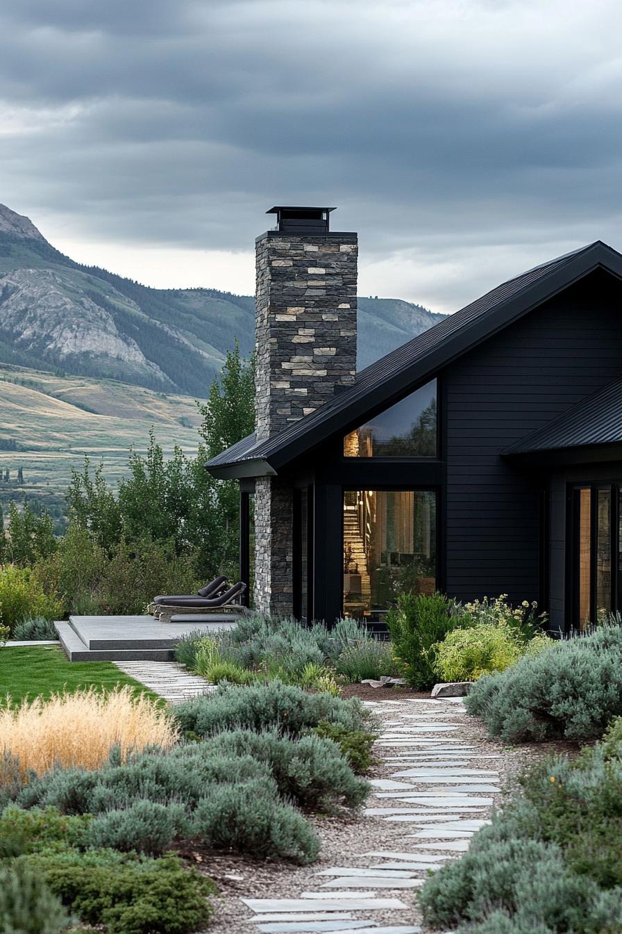 modern cottage style mountain house with dark stone foundation and chimney black siding large panoramic windows landscape with shrubs and stone 2