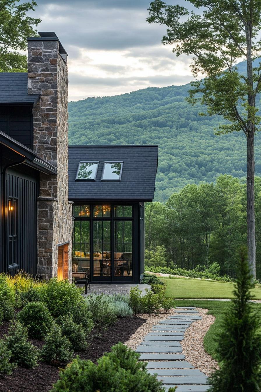 modern cottage style mountain house with dark stone foundation and chimney black siding large panoramic windows landscape with shrubs and stone 3