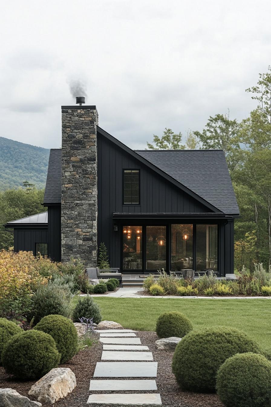 modern cottage style mountain house with dark stone foundation and chimney black siding large panoramic windows landscape with shrubs and stone