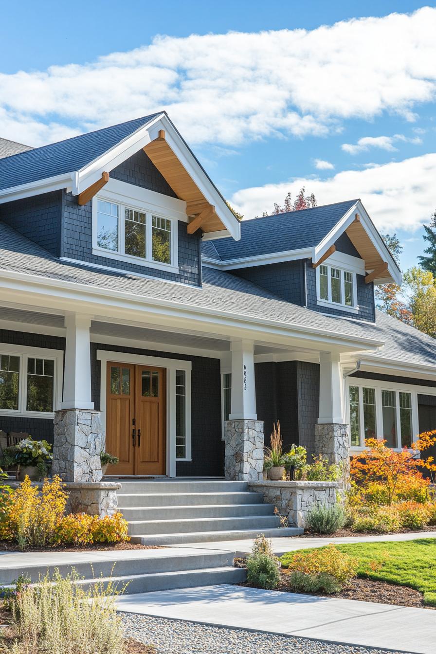 modern craftsman style house with grey siding double pitch roof with white trim and multiple dormers porch with columns and stone foundations 1