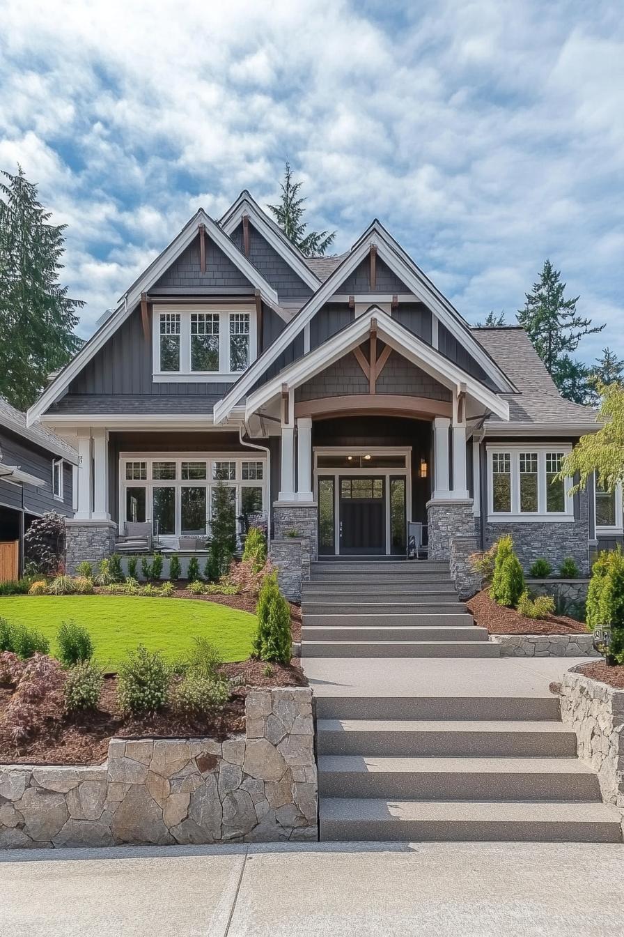 modern craftsman style house with grey siding double pitch roof with white trim and multiple dormers porch with columns and stone foundations 2