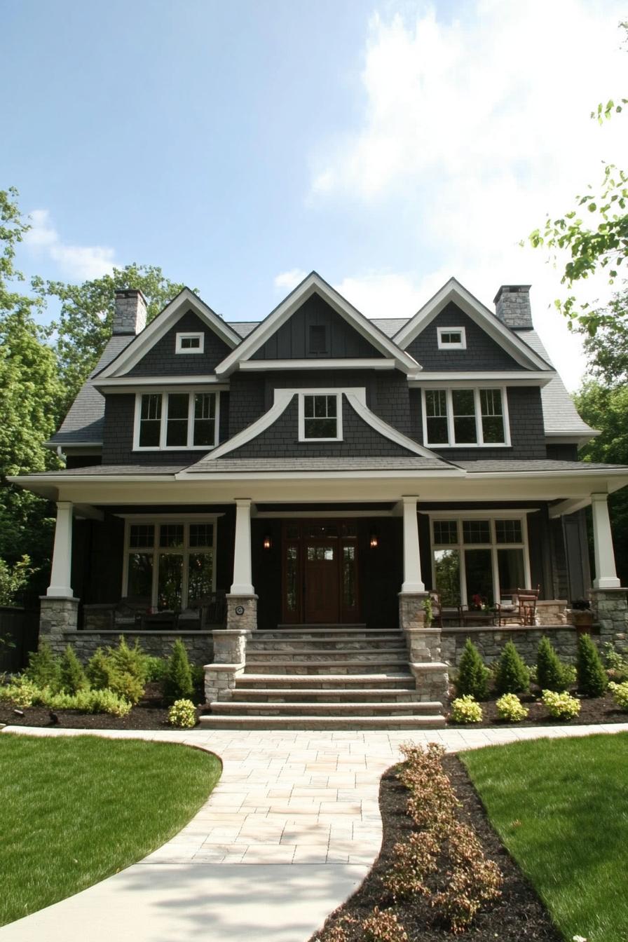 modern craftsman style house with grey siding double pitch roof with white trim and multiple dormers porch with columns and stone foundations 3