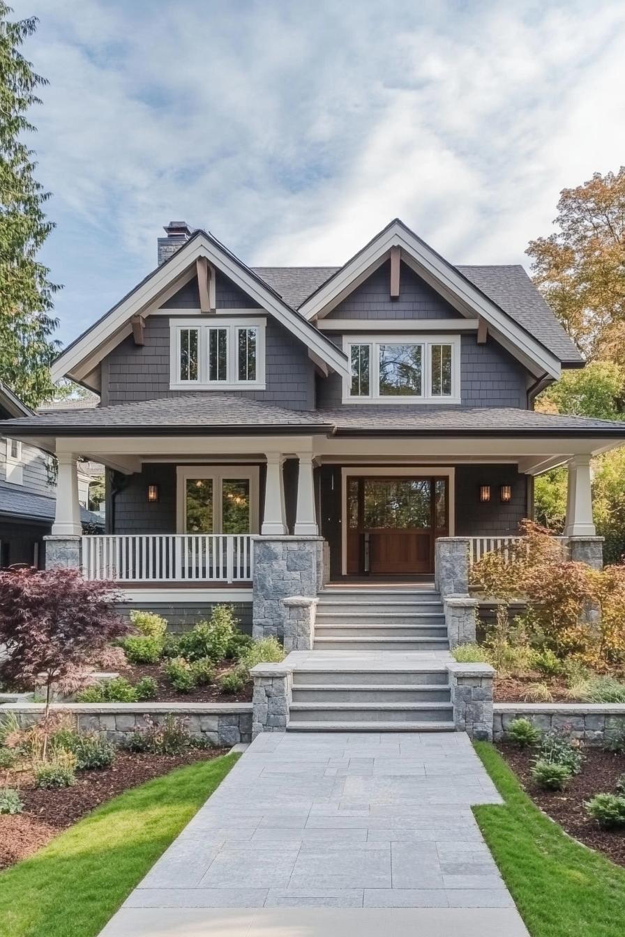 modern craftsman style house with grey siding double pitch roof with white trim and multiple dormers porch with columns and stone foundations