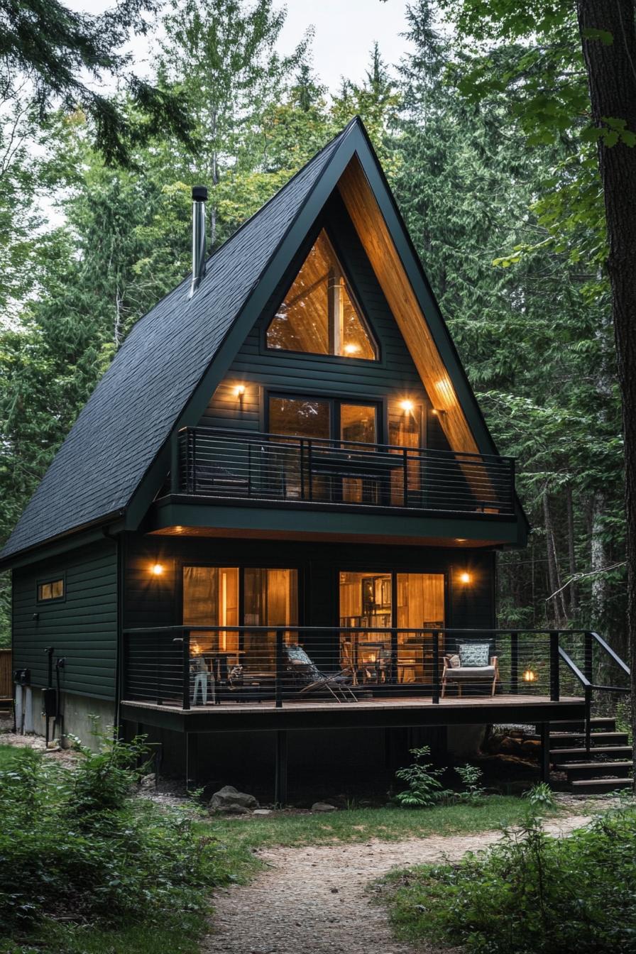 modern deep dark green a frame house with black shingle roof balcony with horizontal slat railing elevated deck at the front of the house same color 1