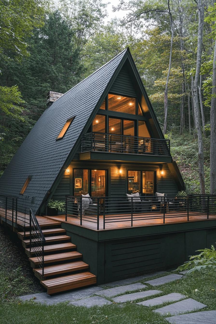 modern deep dark green a frame house with black shingle roof balcony with horizontal slat railing elevated deck at the front of the house same color 2