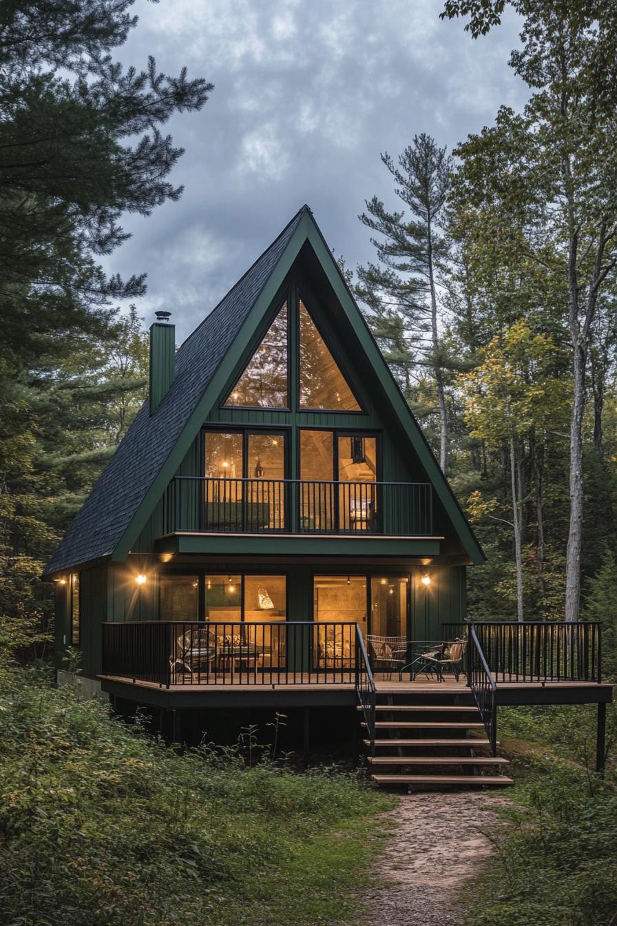 modern deep dark green a frame house with black shingle roof balcony with horizontal slat railing elevated deck at the front of the house same color 3