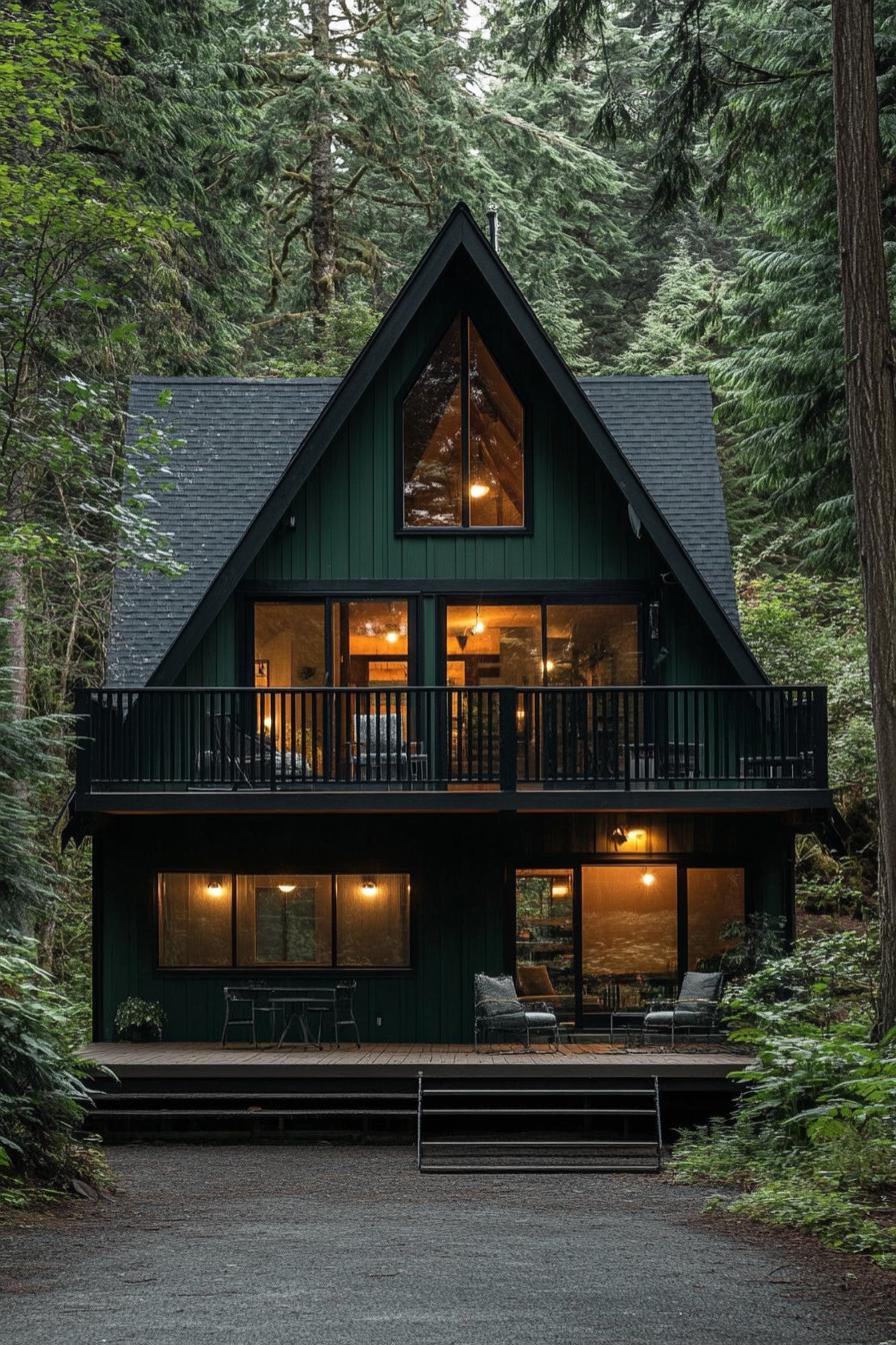 modern deep dark green a frame house with black shingle roof balcony with horizontal slat railing elevated deck at the front of the house same color