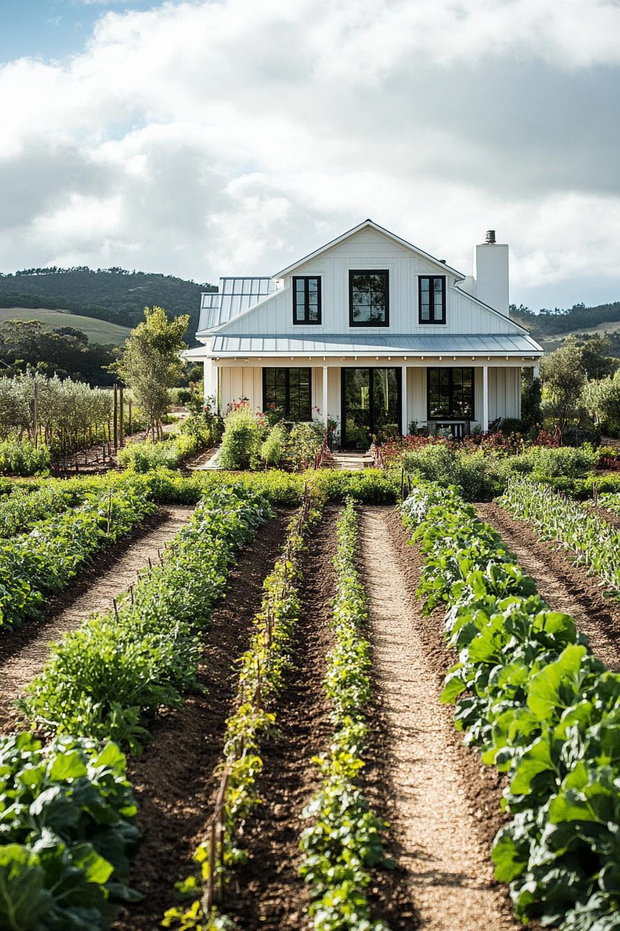 modern farmhouse with veggie gardens bordered with irrigation 1