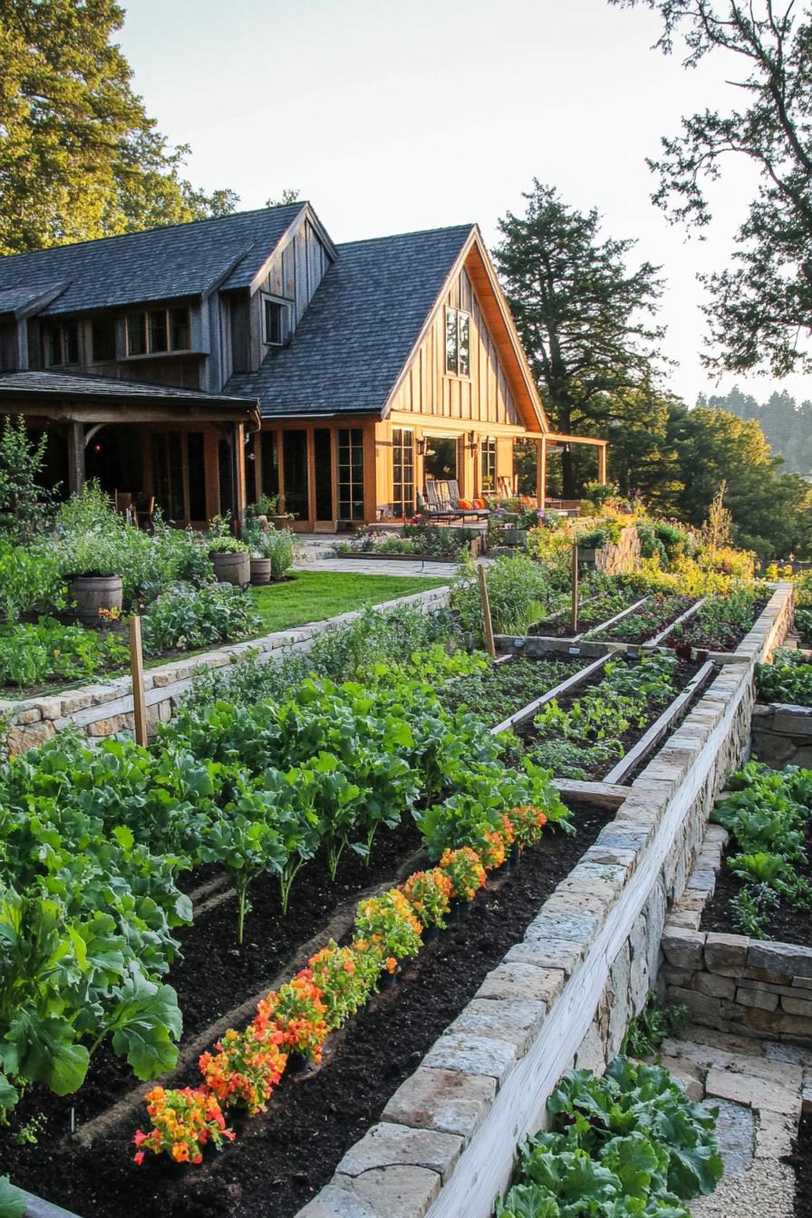 modern farmhouse with veggie gardens bordered with irrigation 2