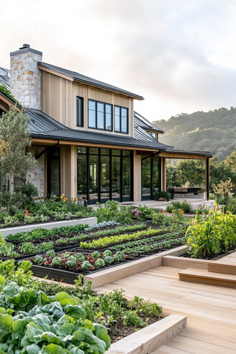 modern farmhouse with veggie gardens bordered with irrigation 3