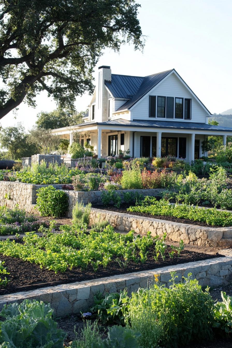 modern farmhouse with veggie gardens bordered with irrigation