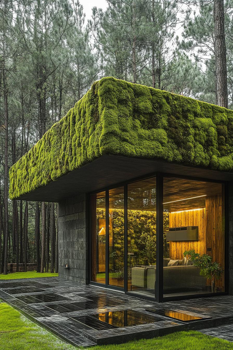 modern forest house moss covered cottage facade in pine forest 1