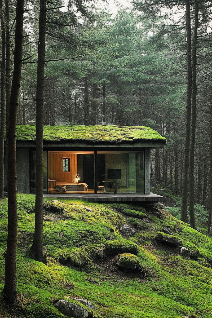 modern forest house moss covered cottage facade in pine forest 2