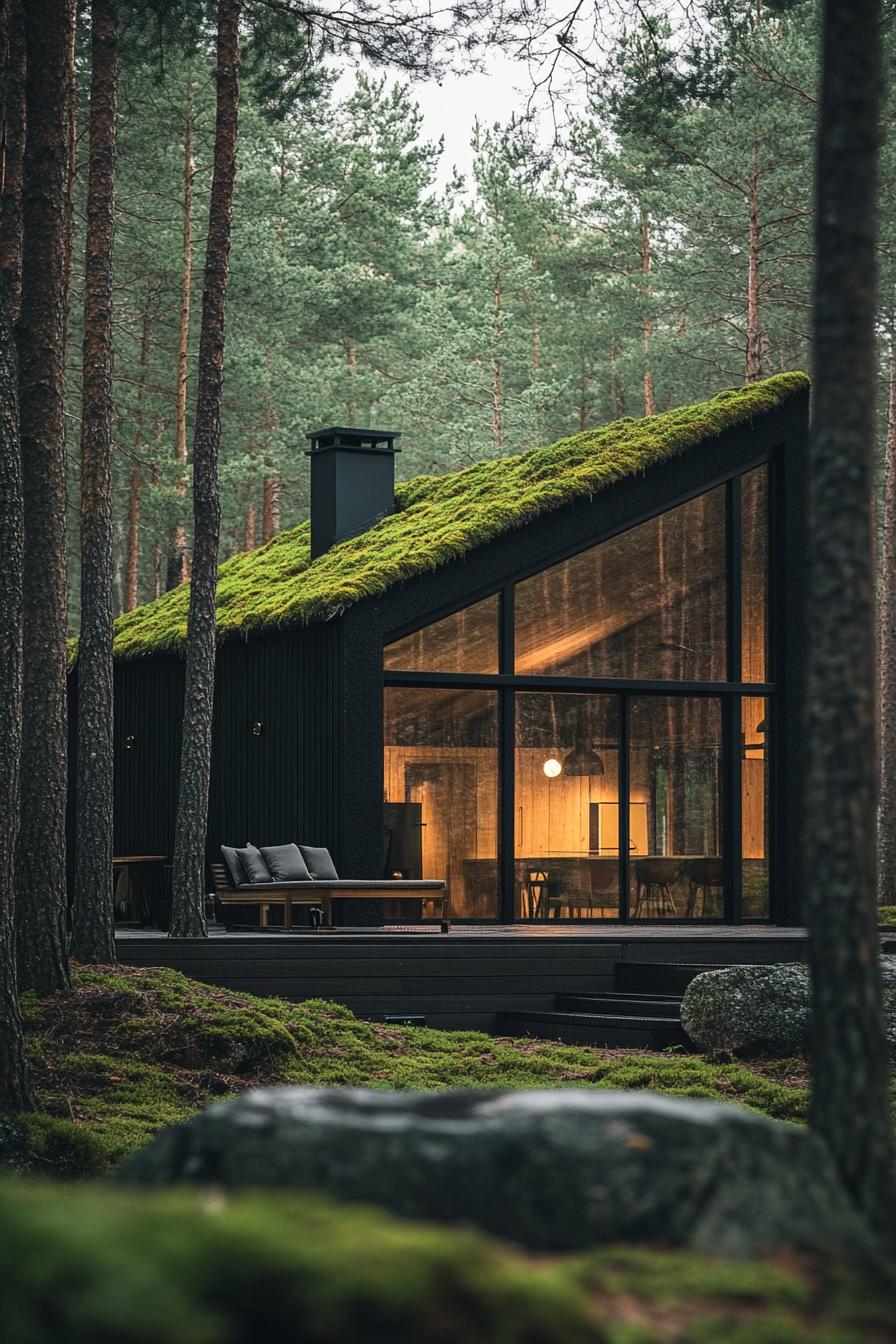 modern forest house moss covered cottage facade in pine forest 3