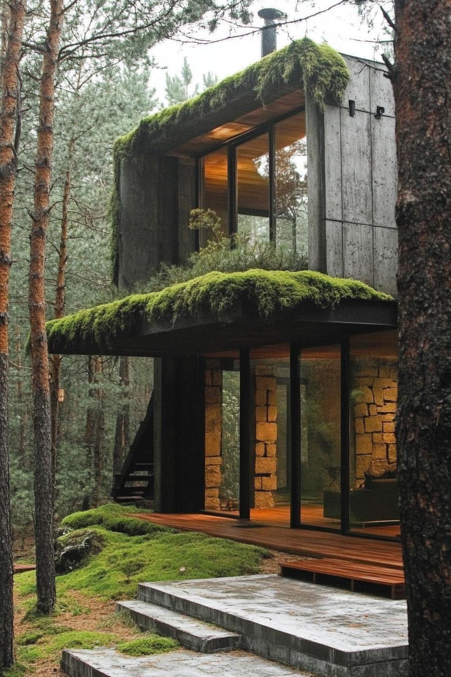 modern forest house moss covered cottage facade in pine forest