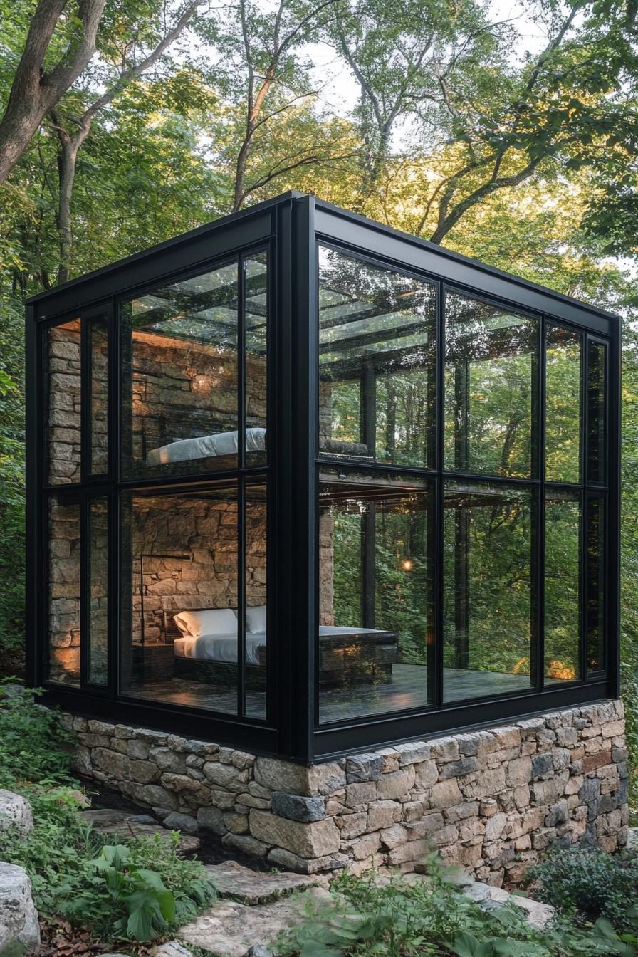 modern glass cabin with black metal frame in the woods a bedroom studio is visible inside it is built on a stone foundation in a lush forest 1