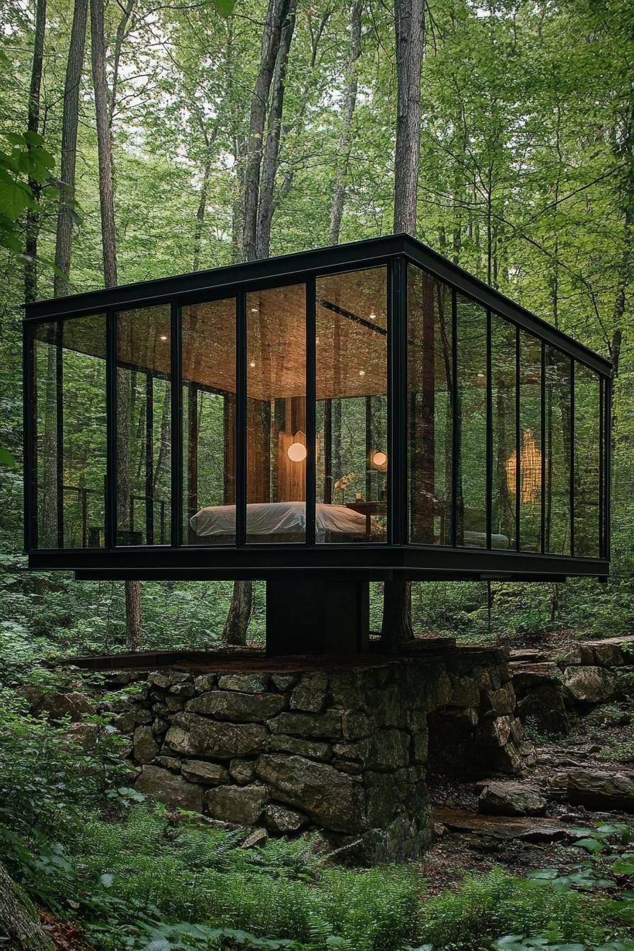 modern glass cabin with black metal frame in the woods a bedroom studio is visible inside it is built on a stone foundation in a lush forest 2