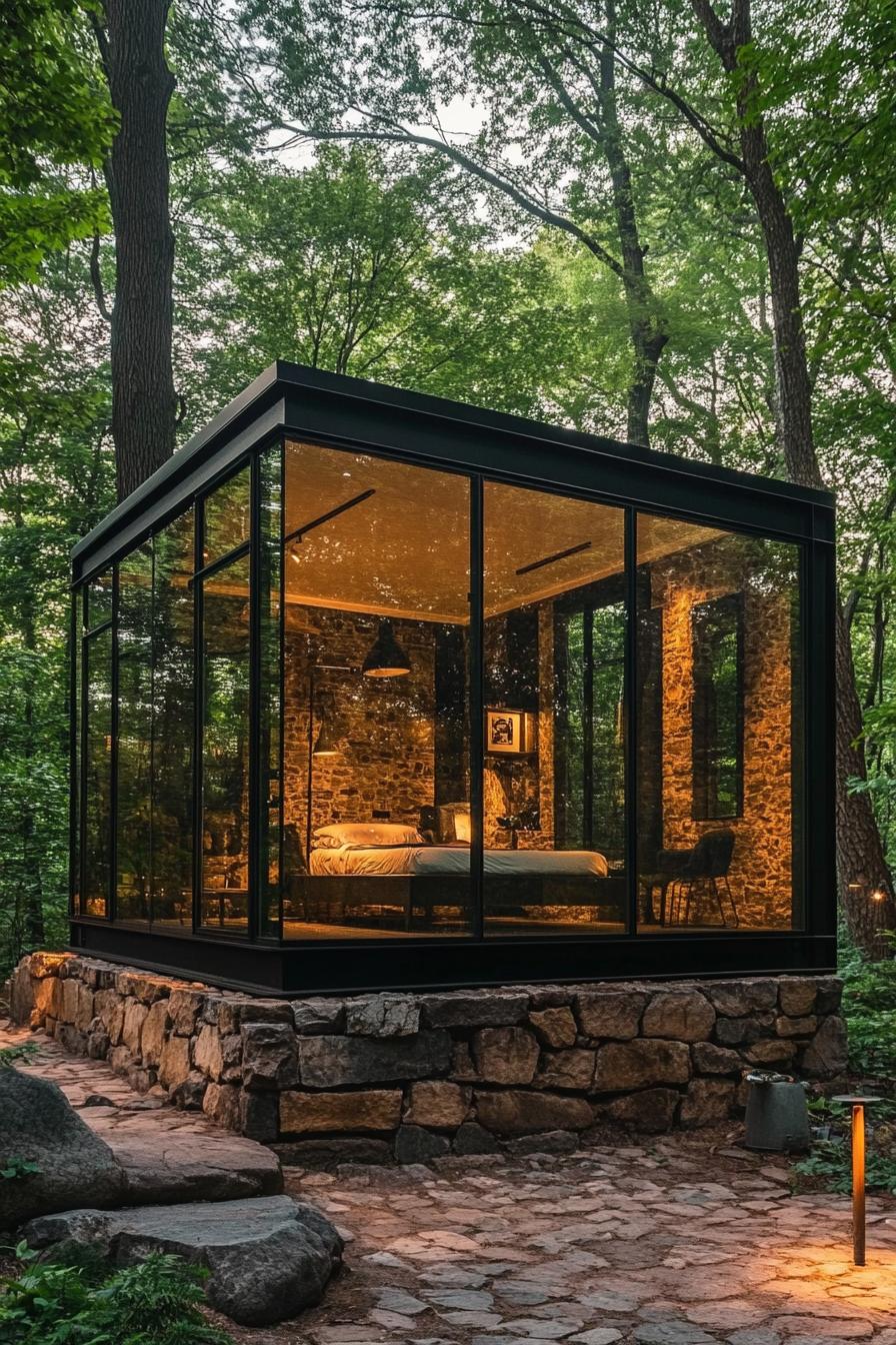 modern glass cabin with black metal frame in the woods a bedroom studio is visible inside it is built on a stone foundation in a lush forest 3