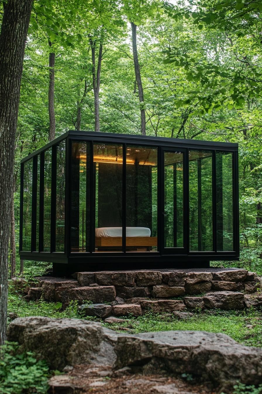 modern glass cabin with black metal frame in the woods a bedroom studio is visible inside it is built on a stone foundation in a lush forest