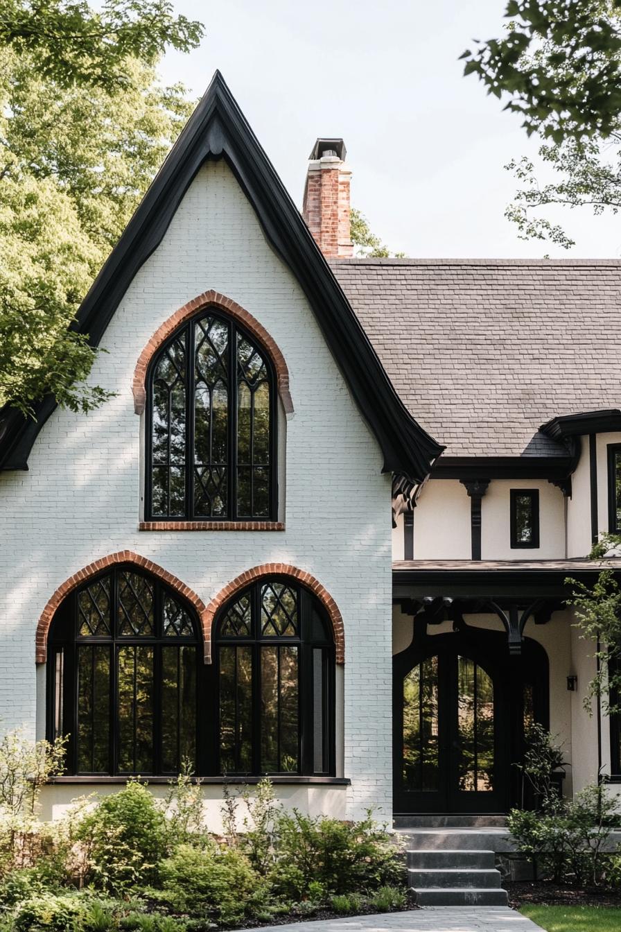 modern gothic style cottage facade with dark framed arched windows 1