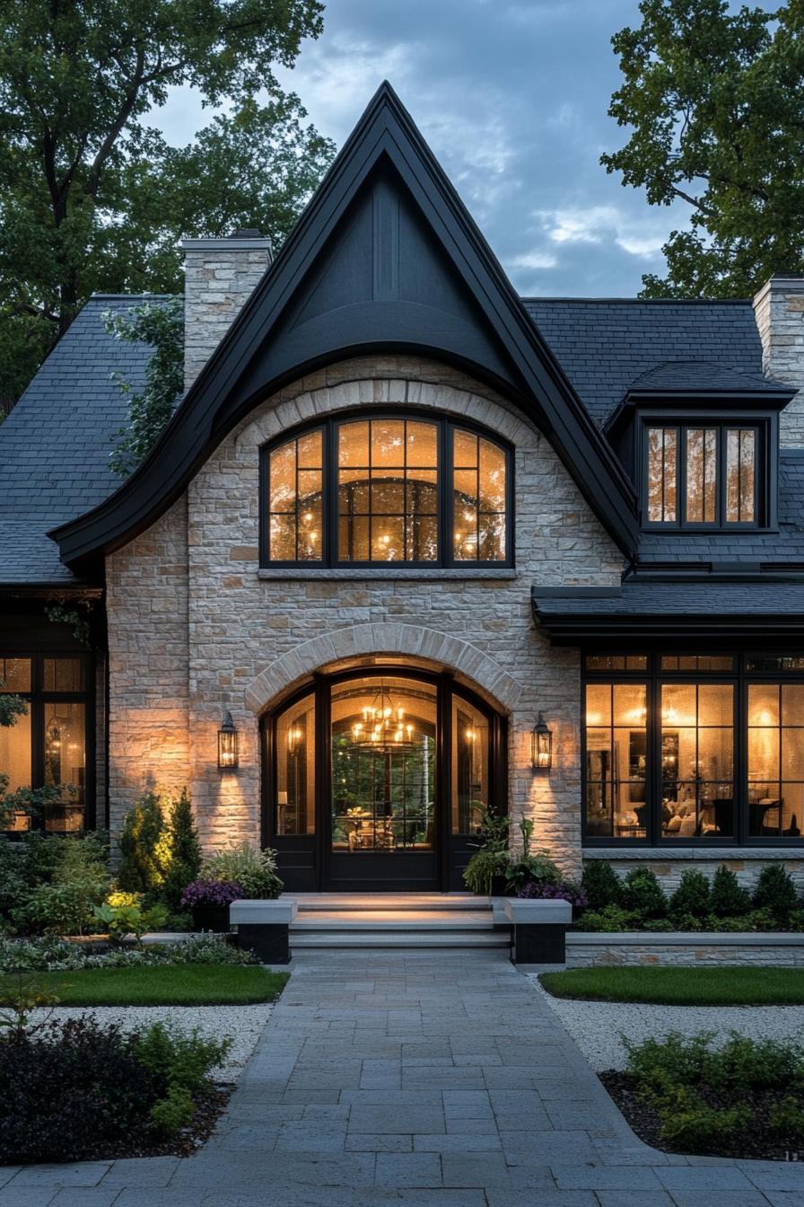 modern gothic style cottage facade with dark framed arched windows 2