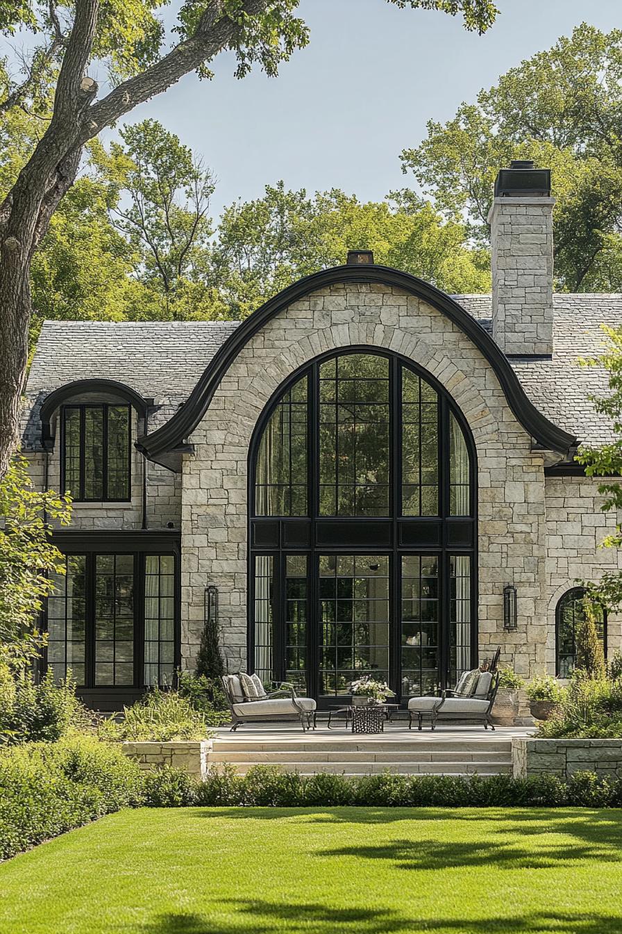 modern gothic style cottage facade with dark framed arched windows 3