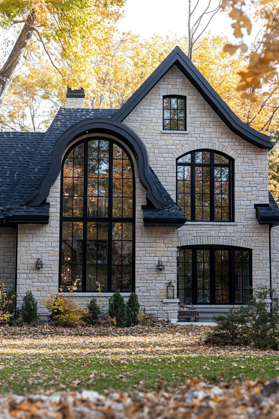 modern gothic style cottage facade with dark framed arched windows