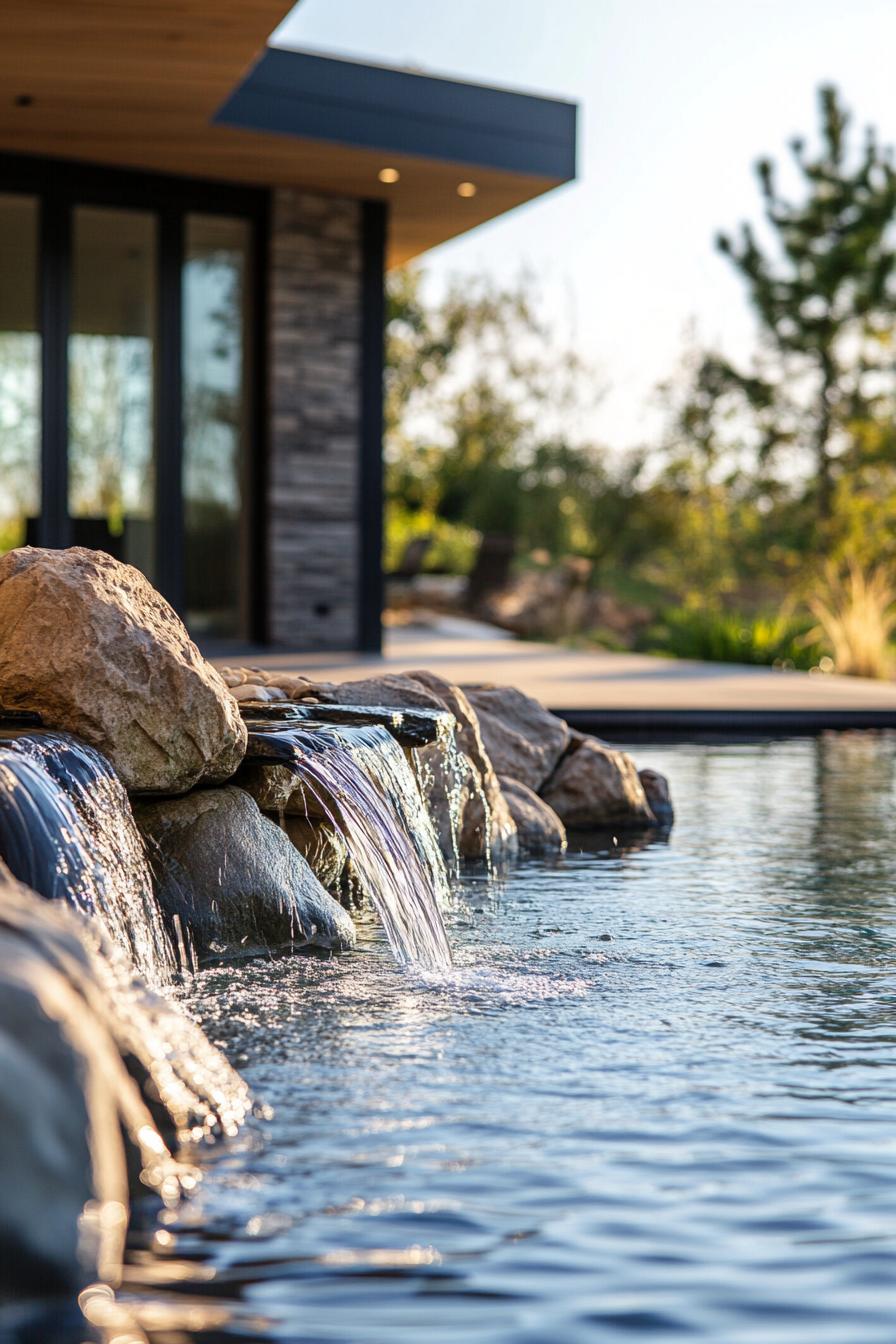 modern house backyard pool rock waterfall feature 1