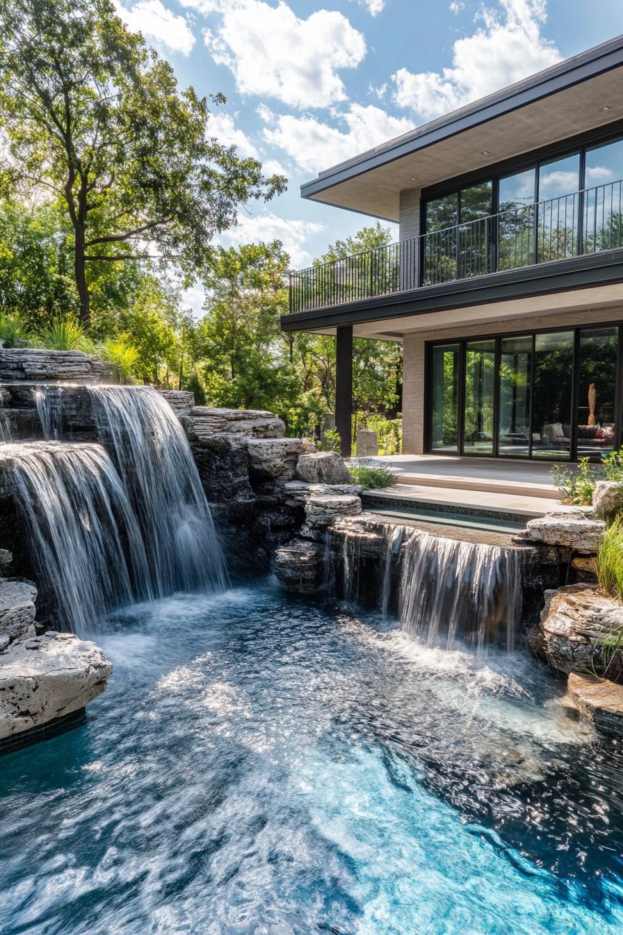 modern house backyard pool rock waterfall feature 2