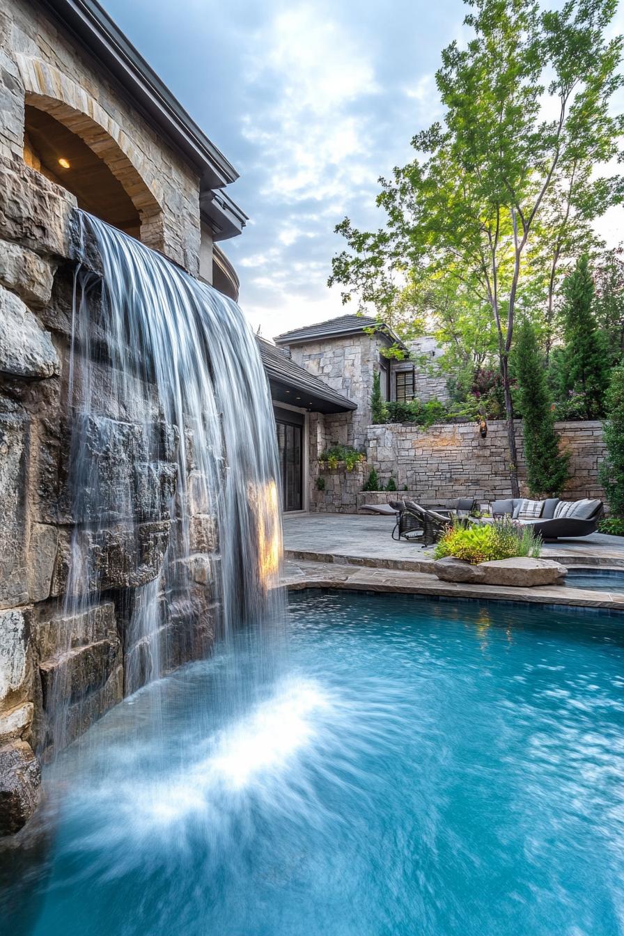 modern house backyard pool rock waterfall feature 3