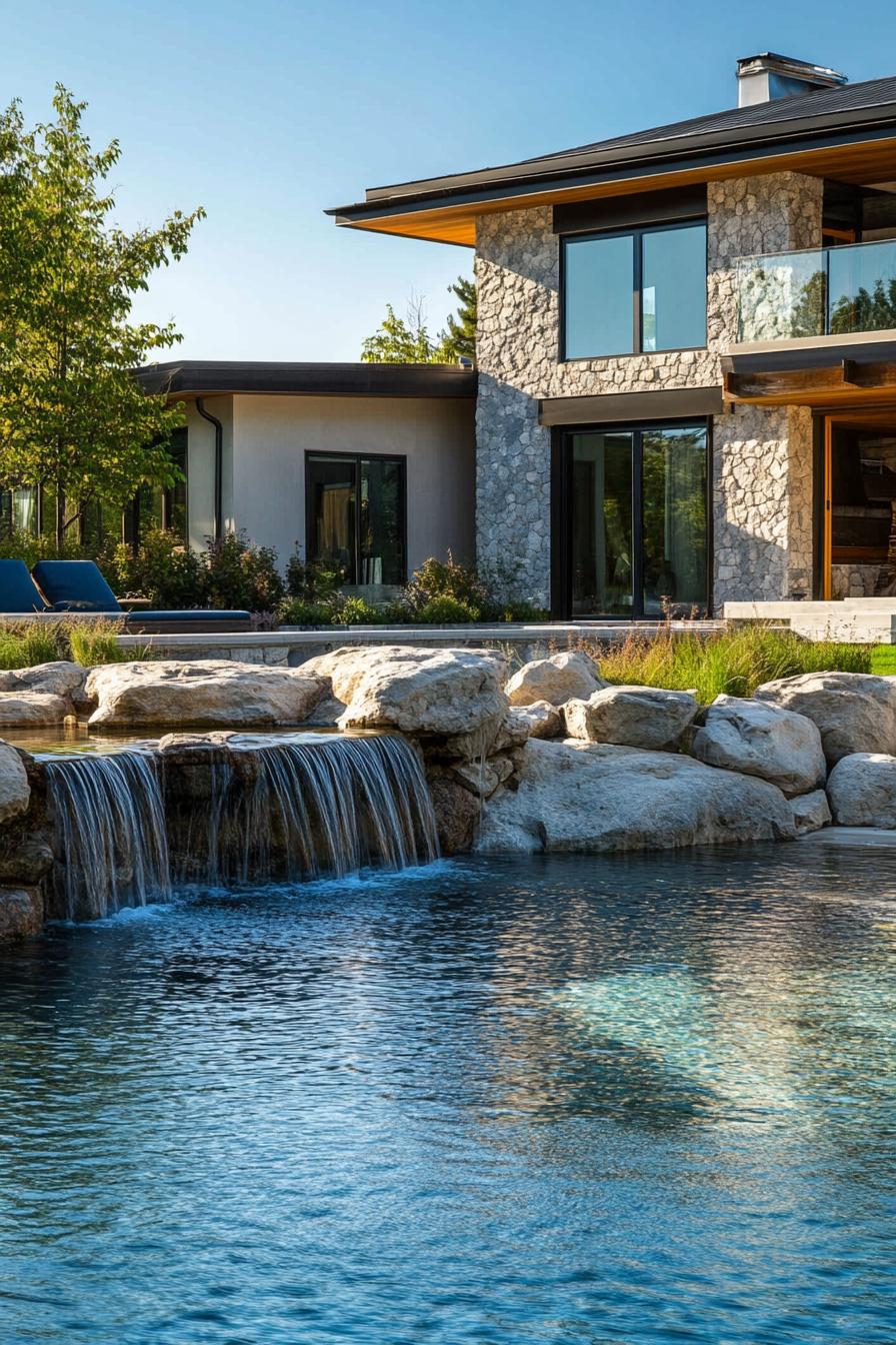 modern house backyard pool rock waterfall feature