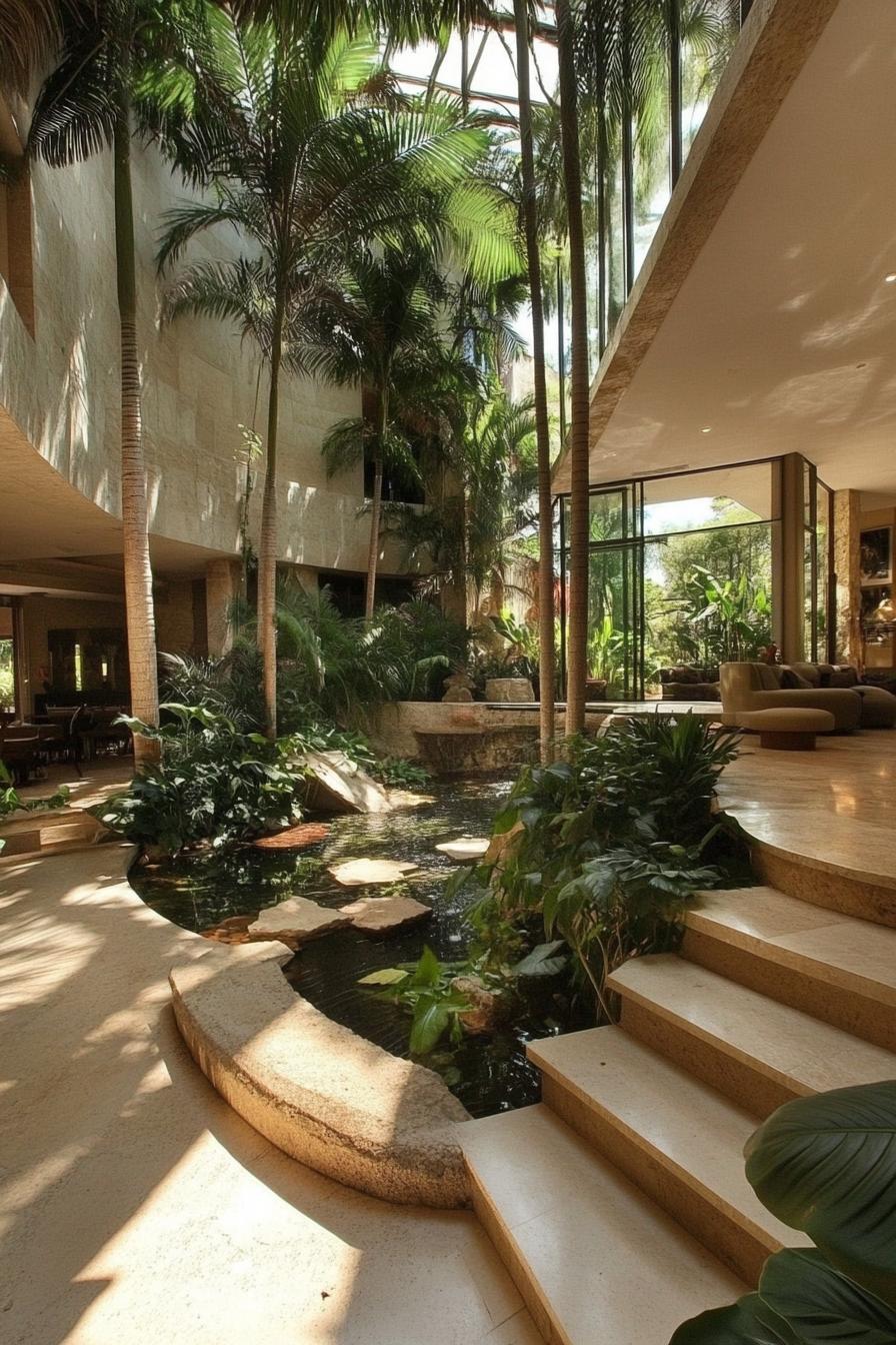 modern house indoor atrium with a lush tropical garden