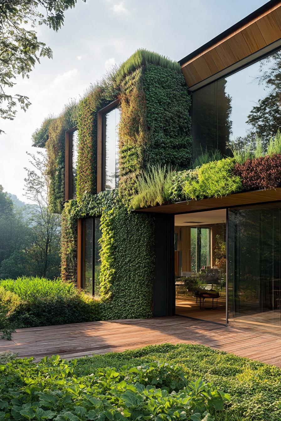 modern house with green living walls on a farm with veggie gardens