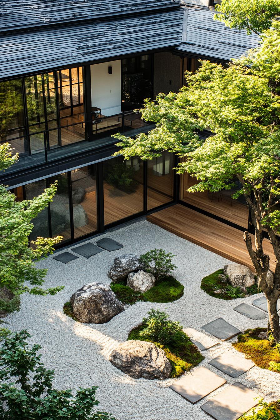 A Japanese courtyard with glass walls and a gravel garden