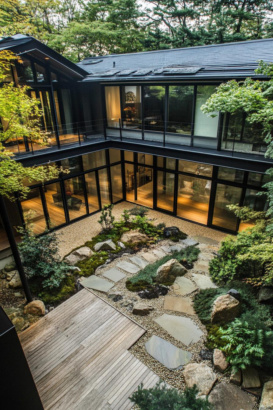 modern japanese house inner courtyard view from above with paved zen garden natural stone paved paths rocks trees and paved deck dark roof and 2