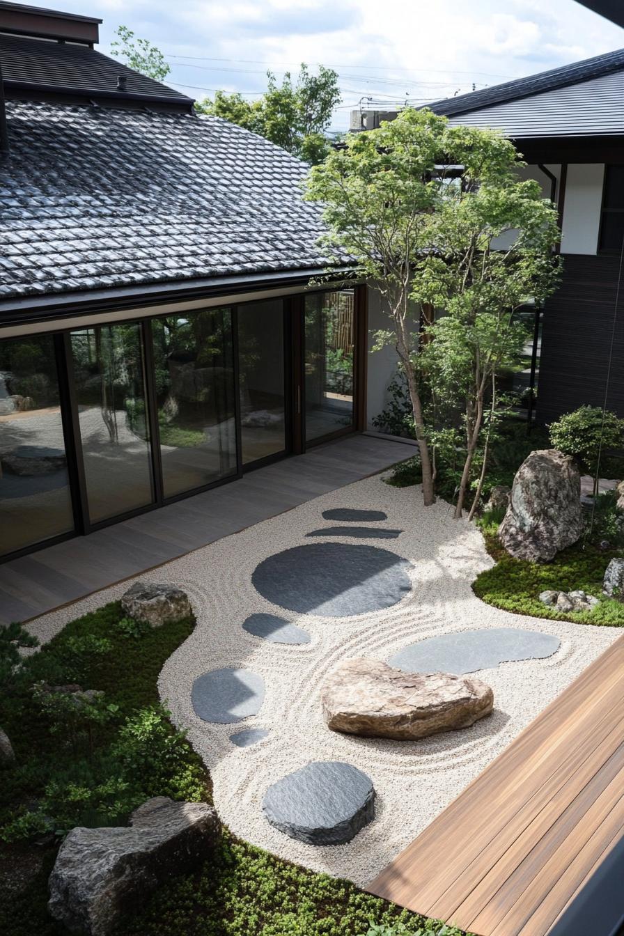 modern japanese house inner courtyard view from above with paved zen garden natural stone paved paths rocks trees and paved deck dark roof and 3