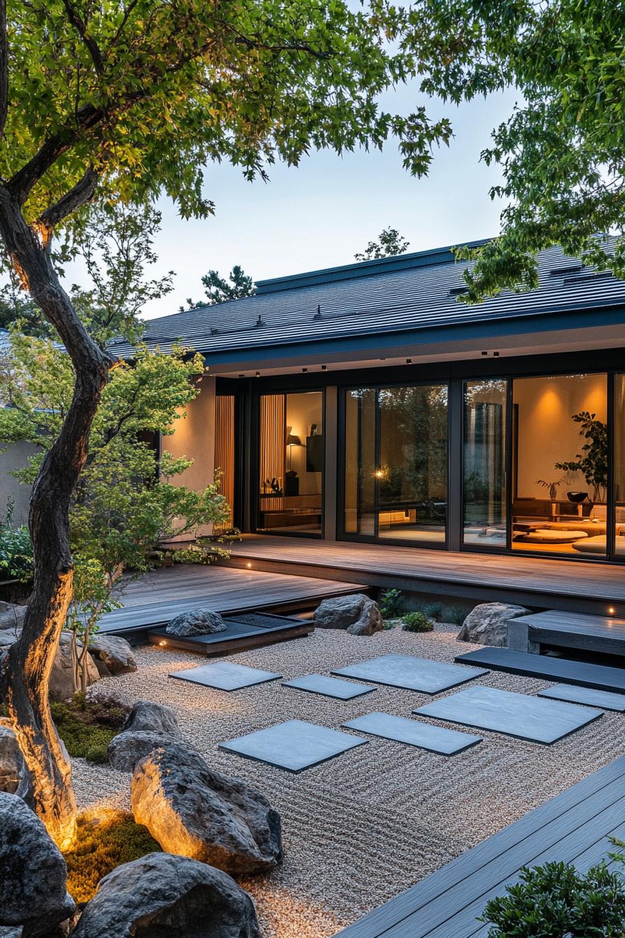 modern japanese house inner courtyard view from above with paved zen garden natural stone paved paths rocks trees and paved deck dark roof and