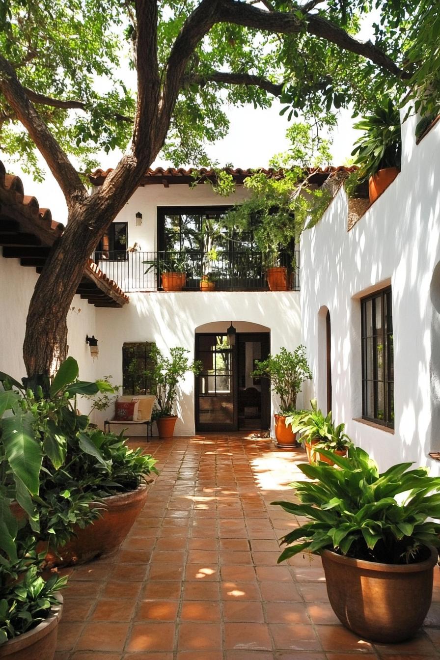 modern mexican house courtyard with terracotta tiled floor lush potted plants white stucco walls barrel shingle roof modern windows and doors 1