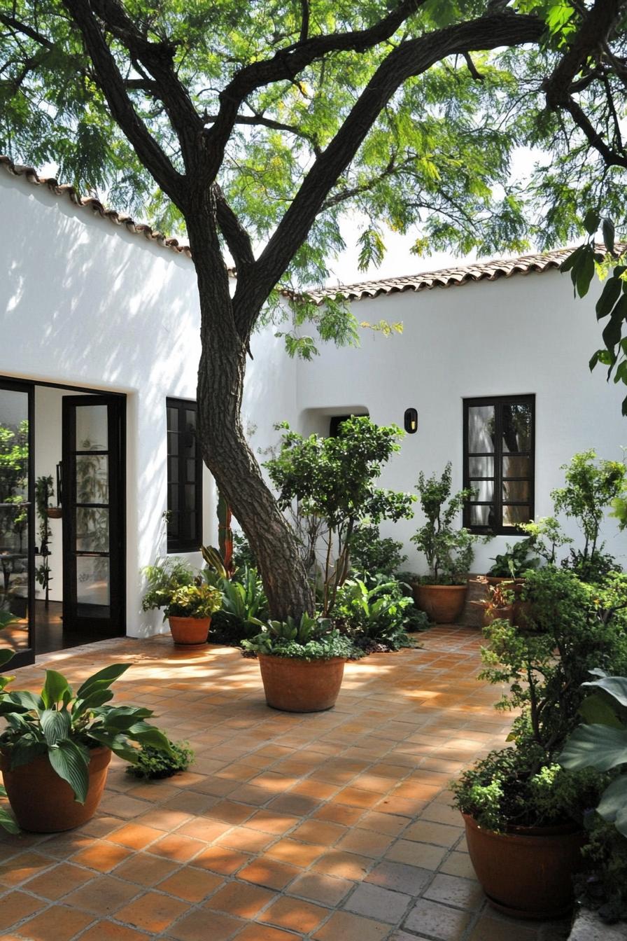 modern mexican house courtyard with terracotta tiled floor lush potted plants white stucco walls barrel shingle roof modern windows and doors 2