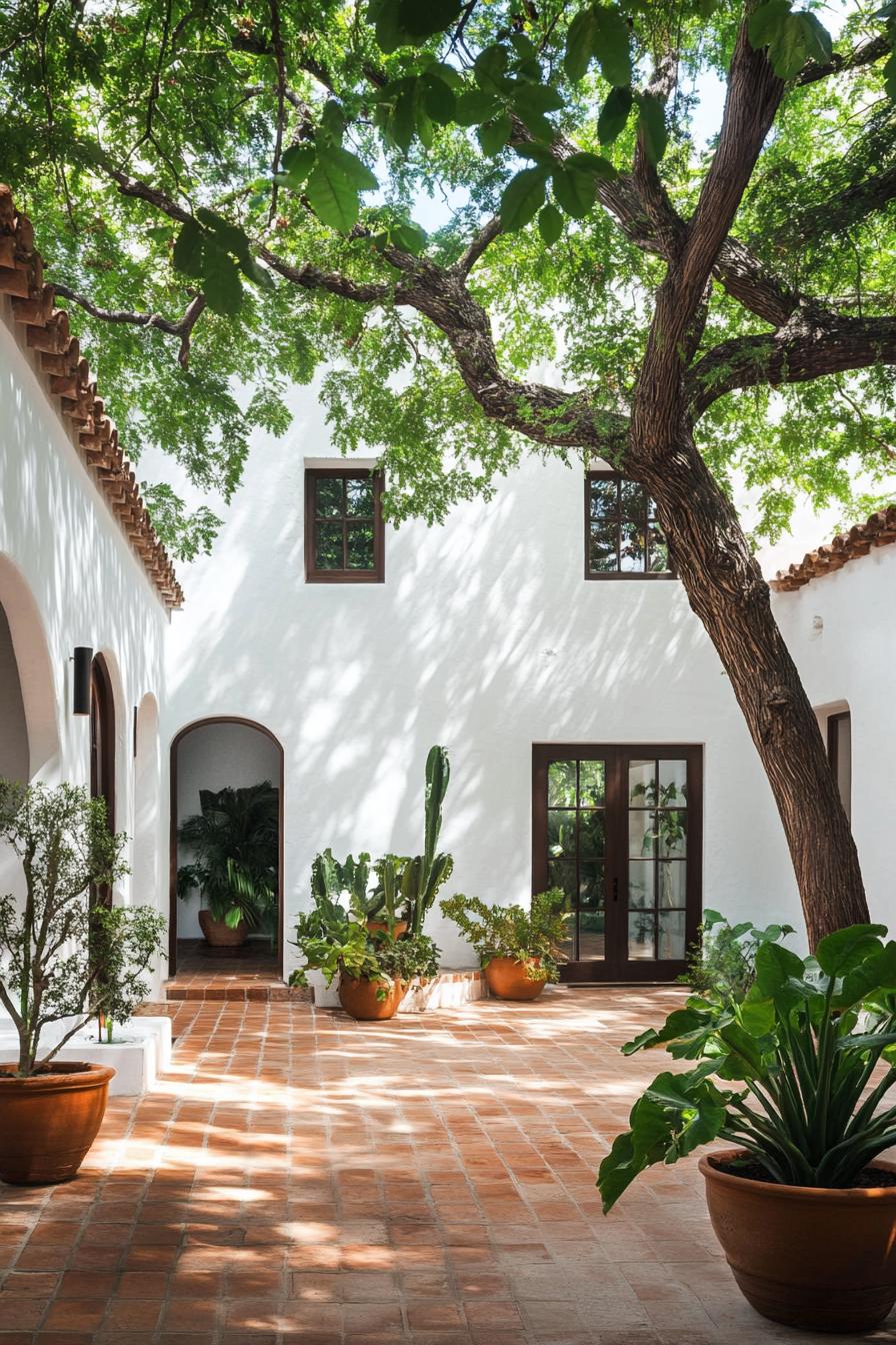 modern mexican house courtyard with terracotta tiled floor lush potted plants white stucco walls barrel shingle roof modern windows and doors 3